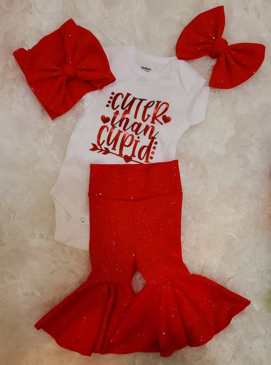 Cuter than Cupid Valentines Day outfit, Big bows, My first Valentines Day, Red Bell Bottoms, Big Bows, valentines outfit baby girl