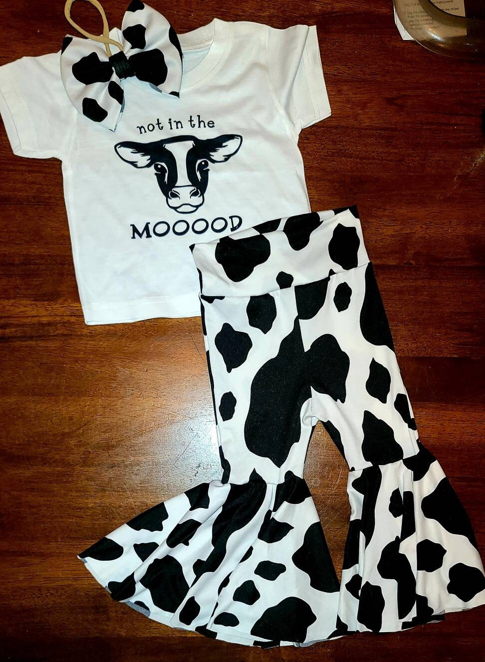 Not in the moooood, 3 Pc Set, Baby Bell Bottoms, Toddler Bell Bottoms, Cow Print Baby Pants, Baby Flair Pants and Bow Set