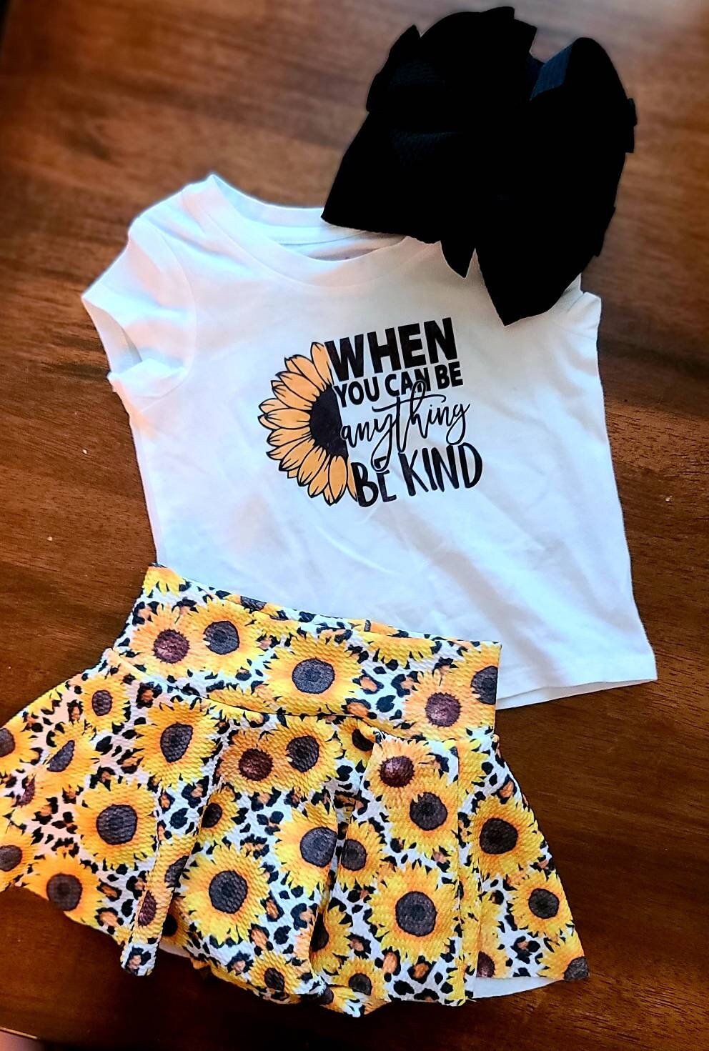 Sunflower and kindness baby girl outfit, baby girl sunflower bunnies, big bows, baby girl kindness matters shirt, be kind