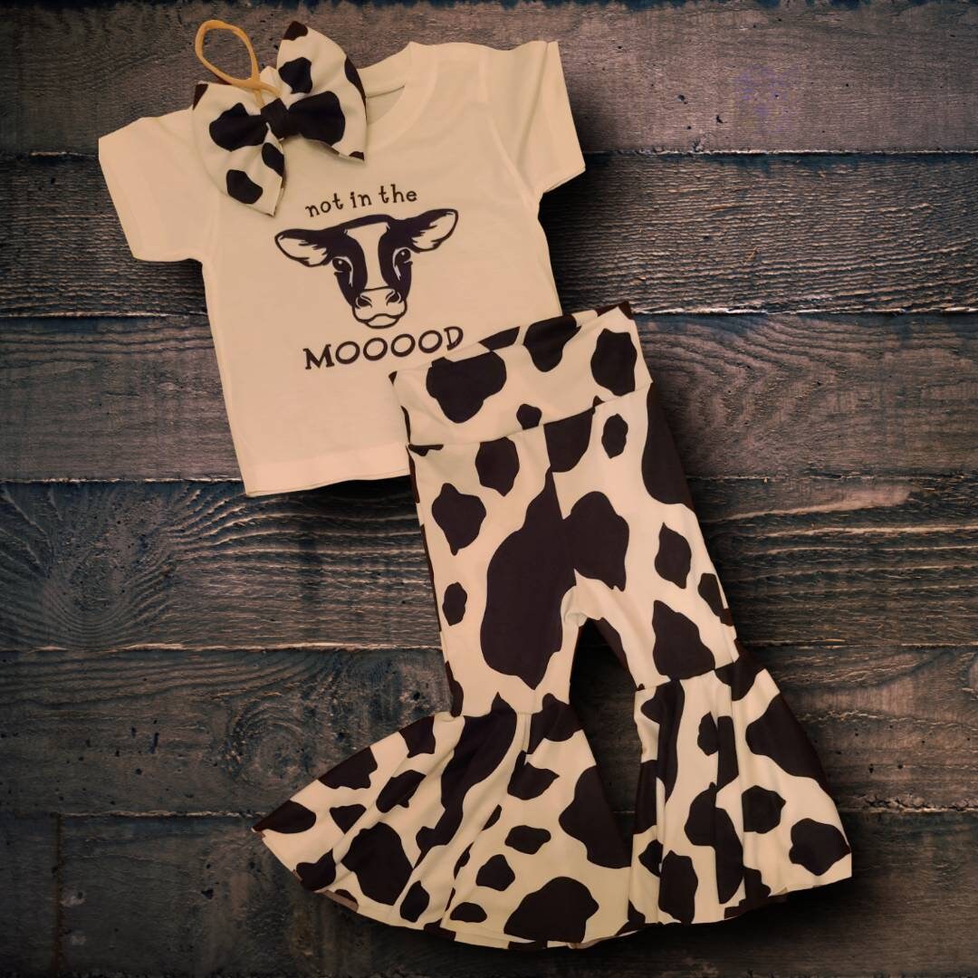 Not in the moooood, 3 Pc Set, Baby Bell Bottoms, Toddler Bell Bottoms, Cow Print Baby Pants, Baby Flair Pants and Bow Set