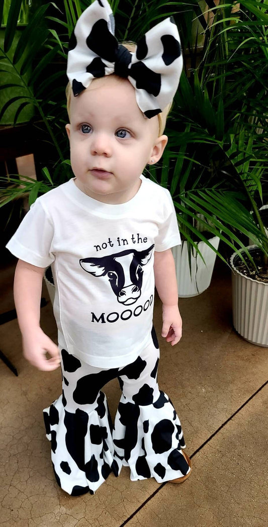 Not in the moooood, 3 Pc Set, Baby Bell Bottoms, Toddler Bell Bottoms, Cow Print Baby Pants, Baby Flair Pants and Bow Set