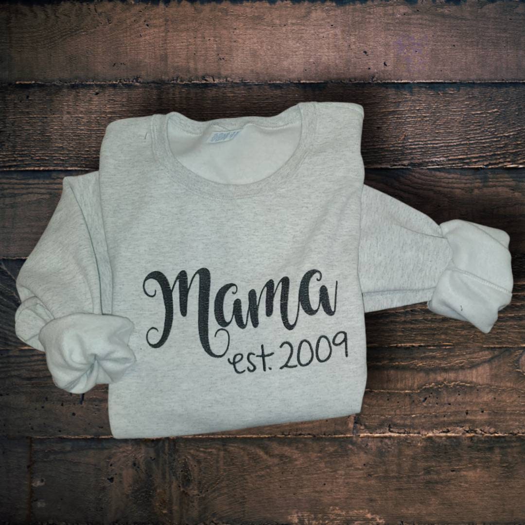 Mama Est Sweatshirt - Mom Established - Custom Year - Personalized Mama Sweater - New Mom To Be Gift - Unisex Crewneck Sweatshirt