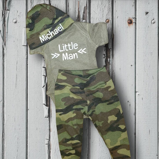 Newborn camo take home outfit, newborn layette set, camo baby outfit, take home outfit, little man outfit, customized hat